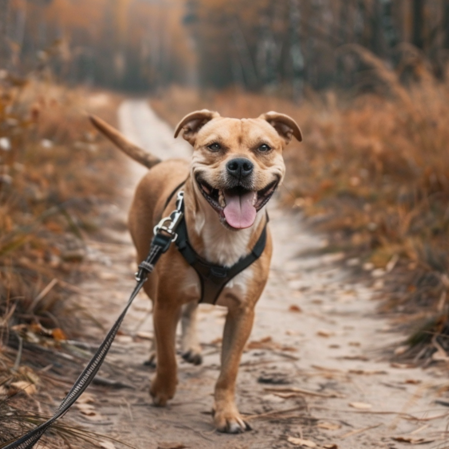 Happy brown dog walking on a wooded trail wearing a harness and leash