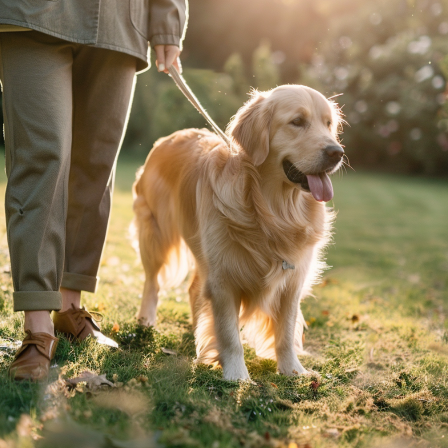 Golden retriever enjoying a sunny walk on a grassy lawn with its owner