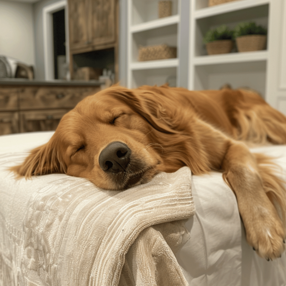 Golden retriever sleeping peacefully on a cozy couch at home